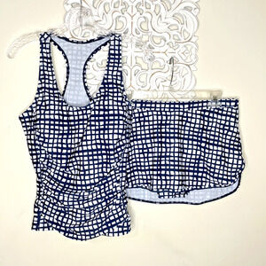 Women's size LARGE Swimsuit 2-Piece Tank and Skirt Set NAVY WHITE Checkered